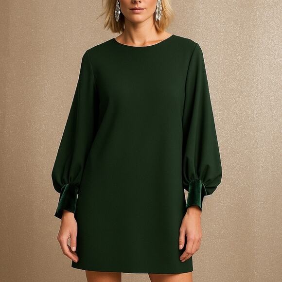 Belle Badgley Mischka Size 12 Velvet Cuff Puff Sleeve Mini Dress Green Cocktail - Picture 1 of 11